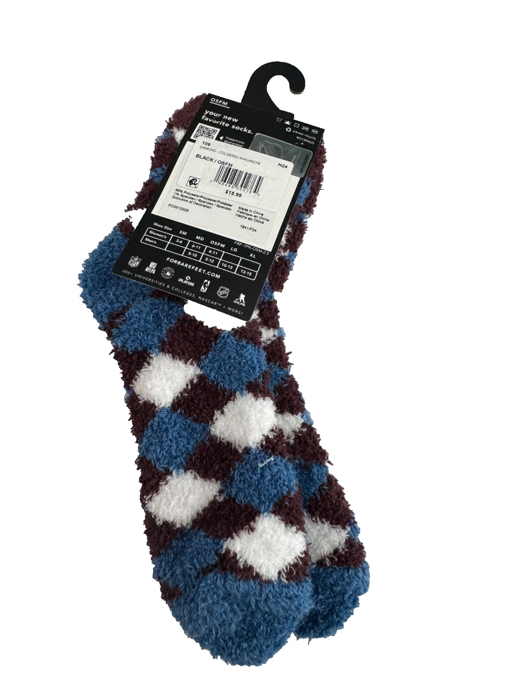 For Bare Feet Colorado Avalanche Fuzzy Argyle Crew Socks OSFM Blue Burgundy NWT